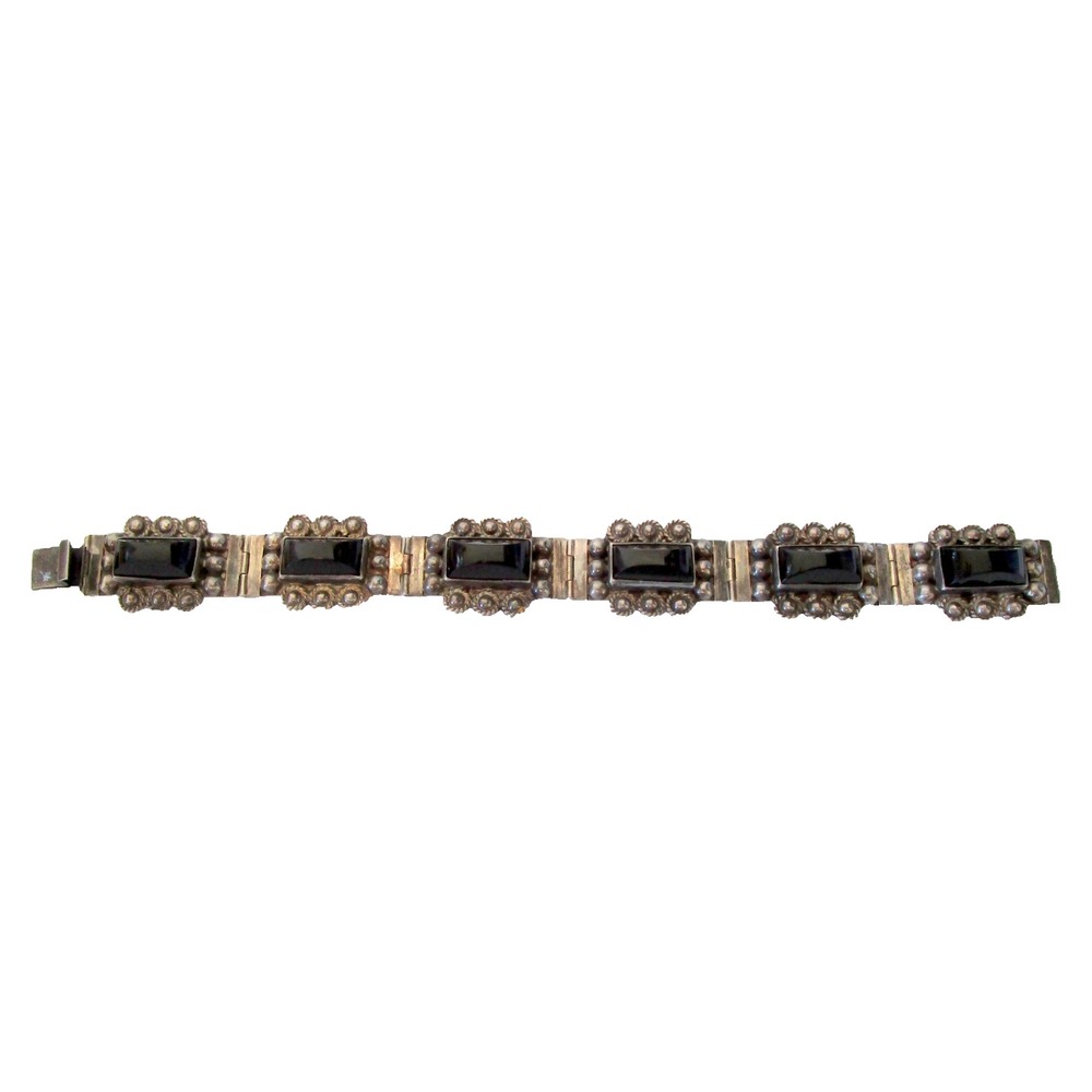 Vintage Sterling Silver 925 Marked Mexico Black Onyx Panel 7" Bracelet 28g